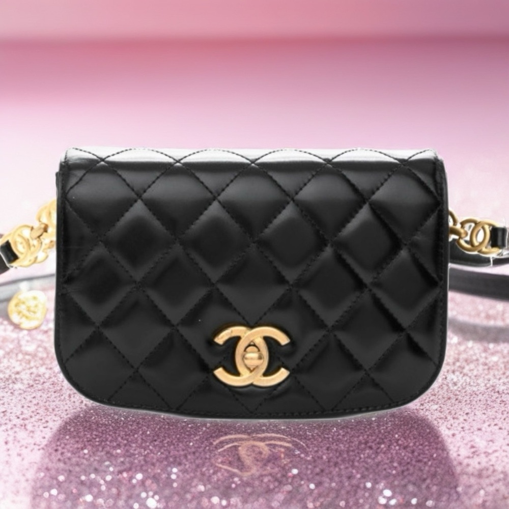 🆕💕CHANEL Black Full Flap Waist Belt Bag Quilted Shiny Calfskin+Suede Antique GHW